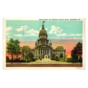 Vintage Springfield Illinois State Capitol Postcard 1950 Linen Lincoln Statue